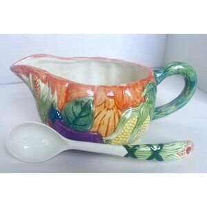Ceramic Harvest-Themed Gravy Boat With Handle & Matching Spoon Hand-Painted